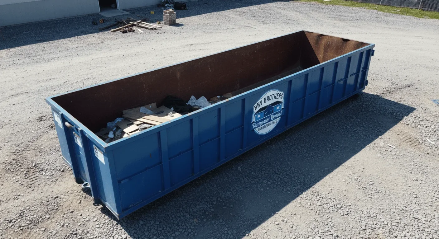 A loaded HNV Brothers Dumpster Rental roll-off container, representative of the 20 yard size, staged at a Hendersonville job site