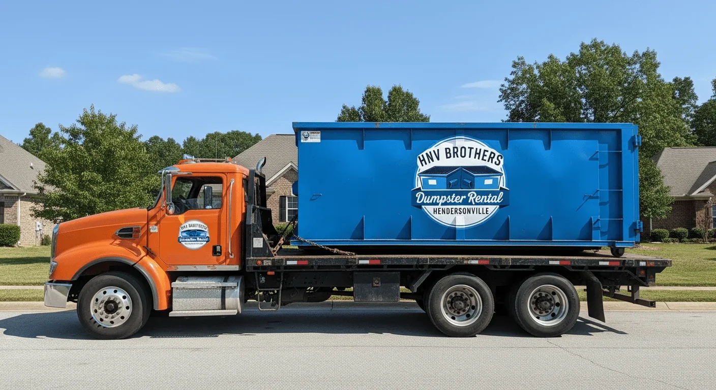 40 Yard Dumpster Rental in Hendersonville, NC An HNV Brothers Dumpster Rental roll-off container, representative of the 40 yard size, loaded on an orange flatbed delivery truck