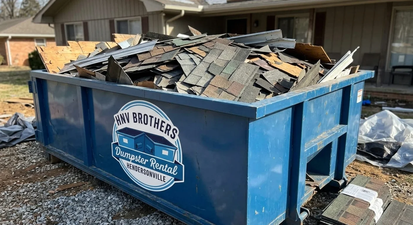 An HNV Brothers Dumpster Rental dumpster filled with real roofing tear-off debris in front of a Hendersonville-area home