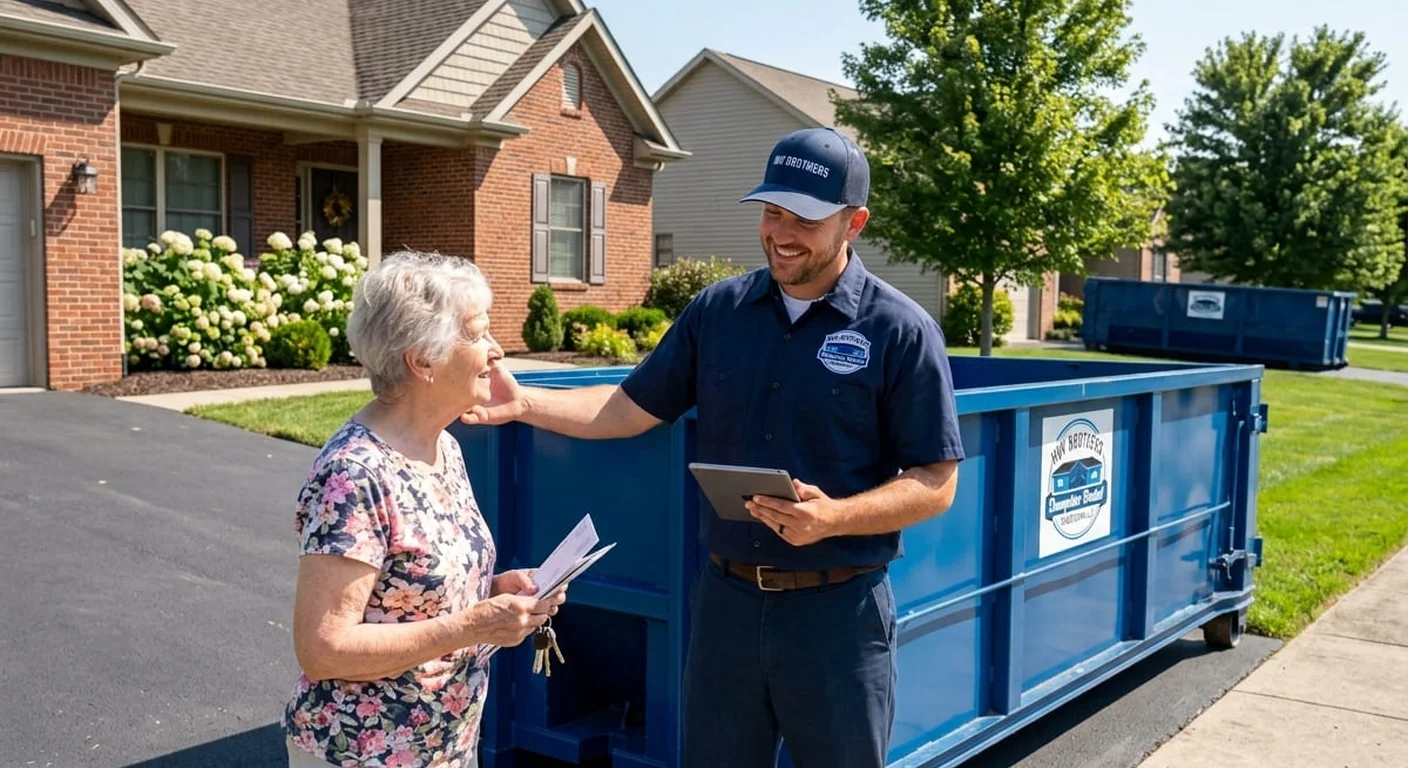 Free Dumpster Rental Consultation - Hendersonville, NC An HNV Brothers Dumpster Rental driver talking through delivery details with a homeowner beside a dumpster in a Hendersonville driveway