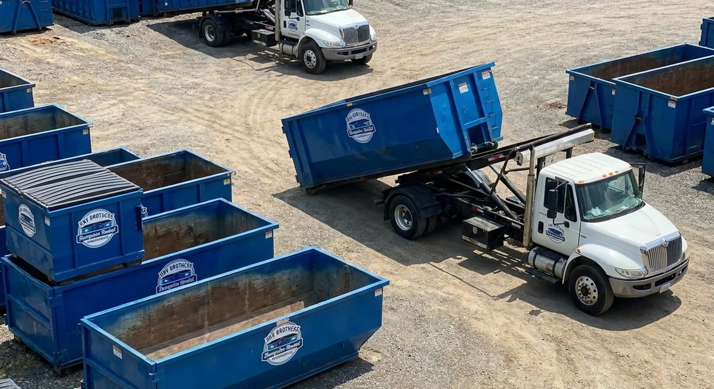 Our Dumpster Rental Fleet - Hendersonville, NC An aerial view of the HNV Brothers Dumpster Rental yard, with rows of roll-off containers and delivery trucks staged behind the fence