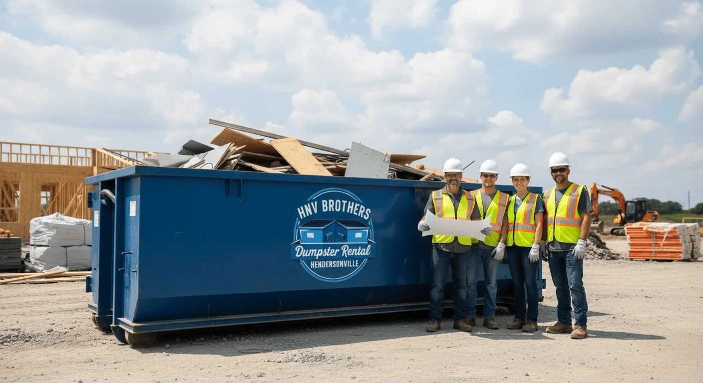 Meet the HNV Brothers Dumpster Rental Team - Hendersonville, NC Four members of the HNV Brothers Dumpster Rental crew posing beside a loaded dumpster at a Hendersonville-area construction site