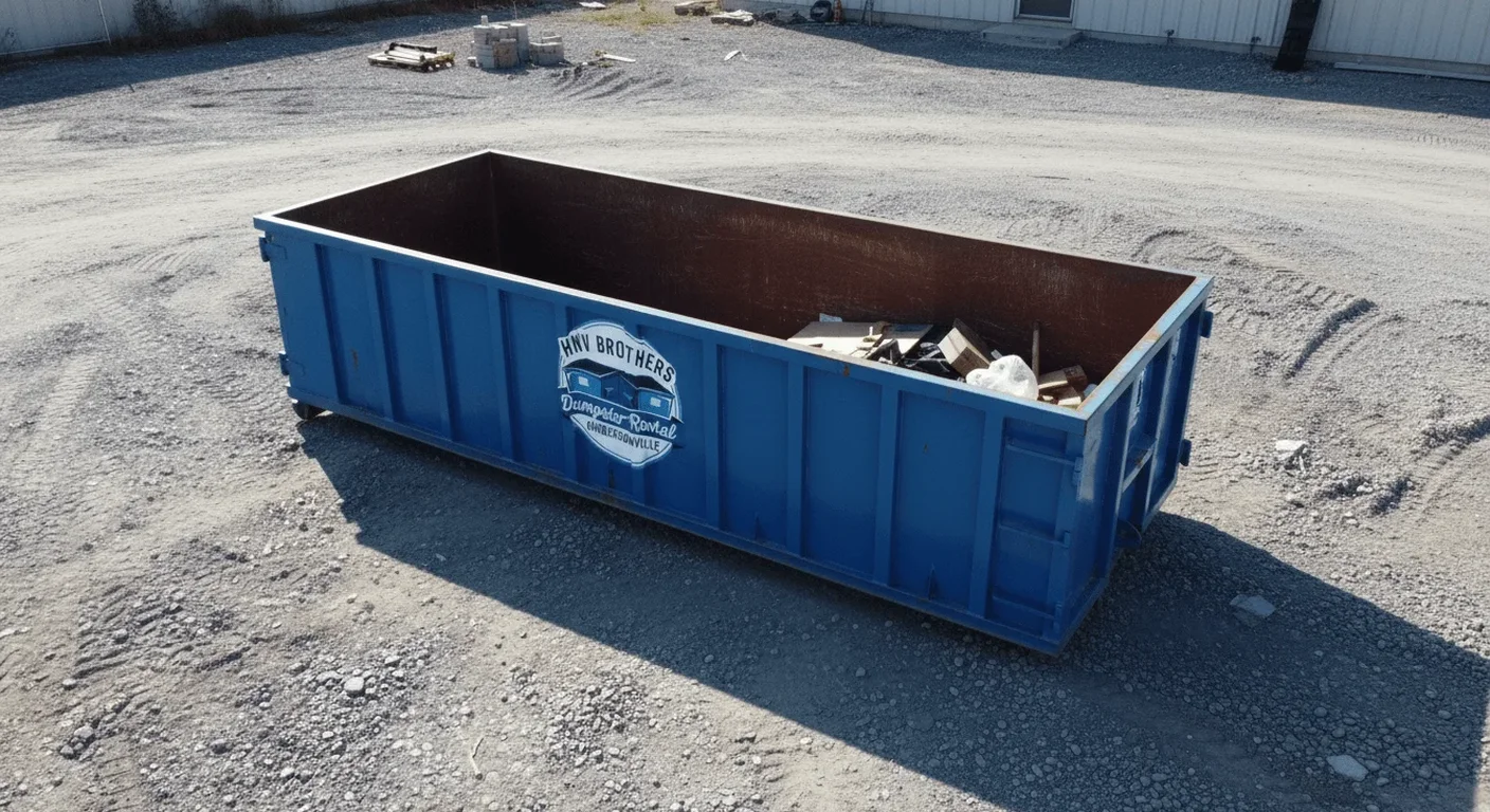 Junk removal dumpster rental in Horse Shoe, NC An empty HNV Brothers Dumpster Rental dumpster staged and ready for a junk-removal job in Horse Shoe, NC