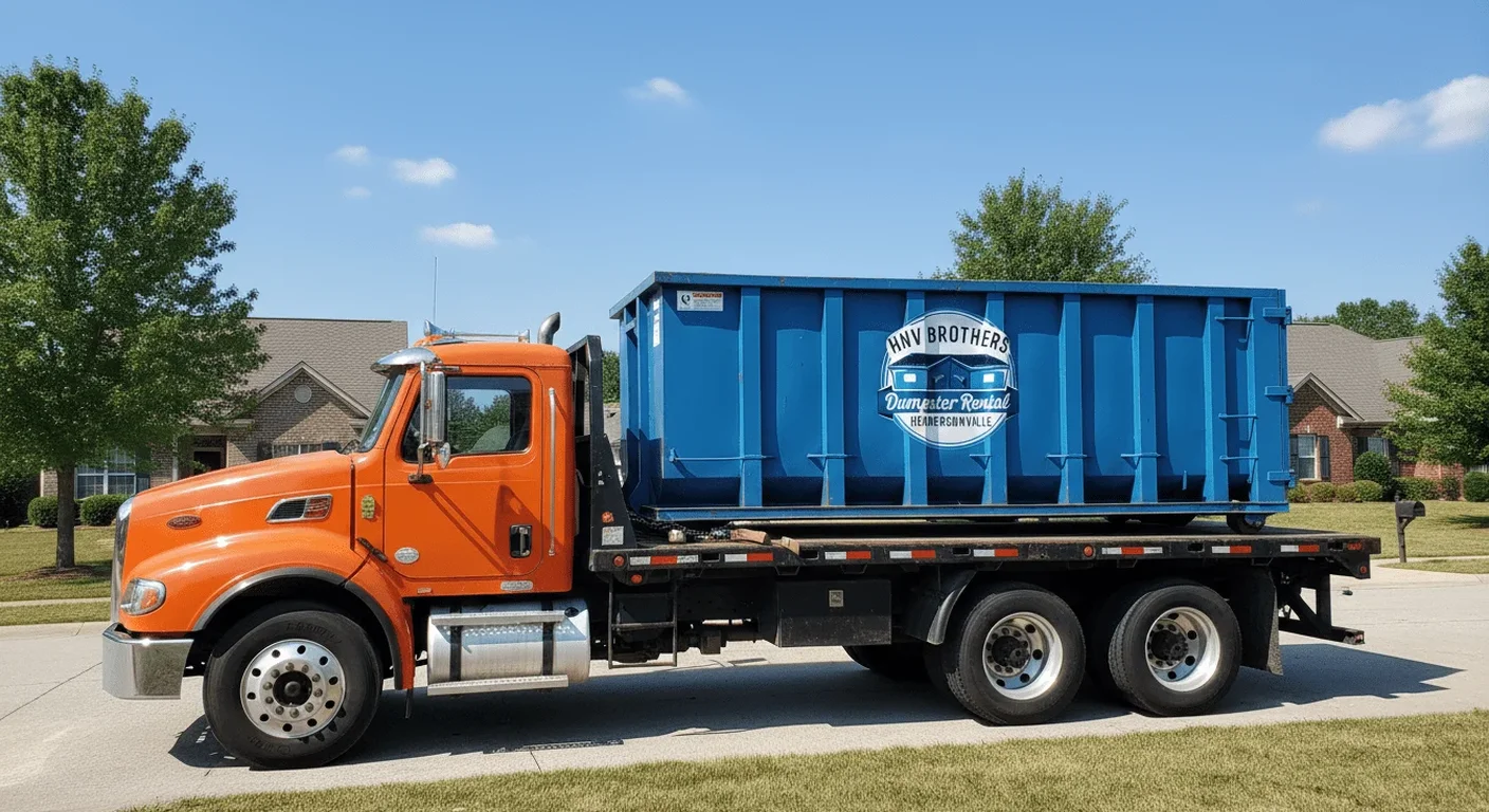 HNV Brothers Dumpster Rental roll-off dumpster loaded on an orange flatbed delivery truck, ready for drop-off in Hendersonville