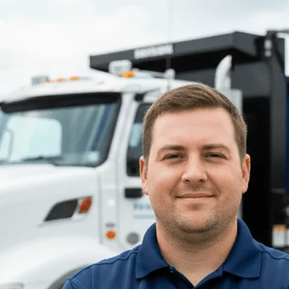 Tyler Sizemore, Lead Driver at HNV Brothers Dumpster Rental Hendersonville, standing in front of a company roll-off truck